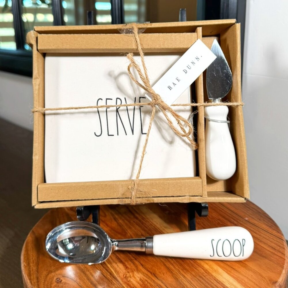 Rae Dunn ENTERTAINING DUO — SERVE Cheese Board (NIB) + SCOOP Ice Cream Scoop